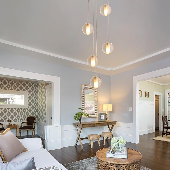 5 Lights Nickel Foyer Chandeliers for High Ceilings Raindrop Crystal Ball Staircase Chandelier Dimmable LED Entryway Pendant Light Hanging for Dining Room Hallway, Include Bulbs