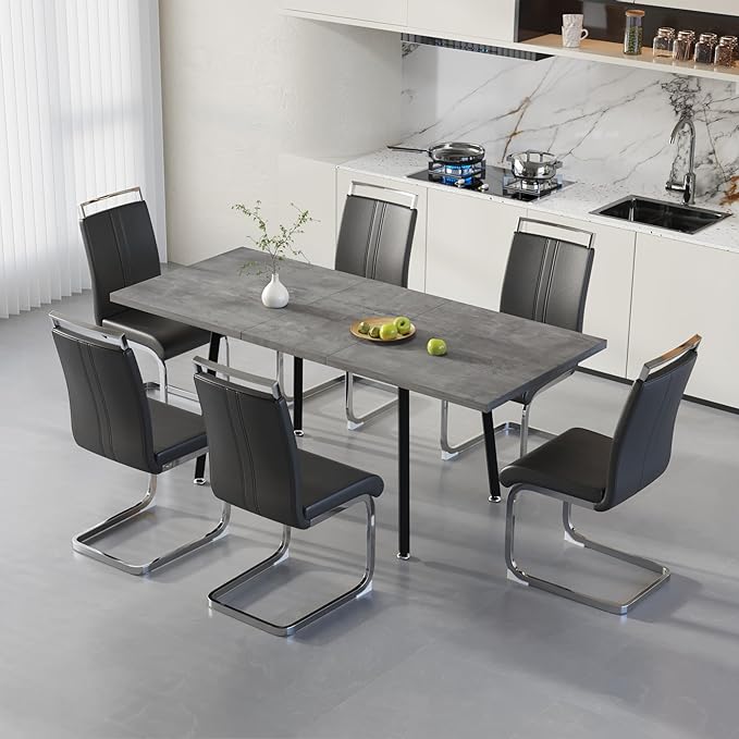 7 Piece Dining Table Set for 6-8,55-71" Extendable Dining Table Set with 6 Upholstered Chairs,Rectangle Kitchen Table Set for Small Space,Dining Room and Office,Grey