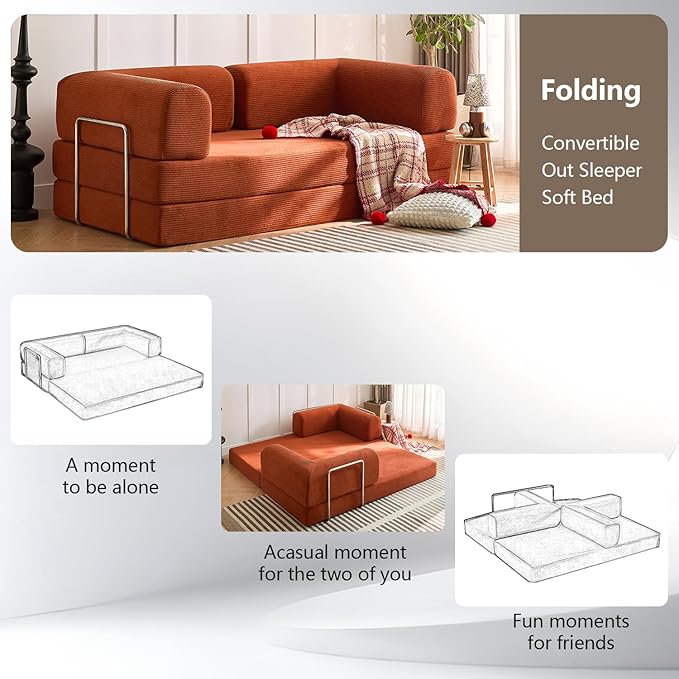 Modern Convertible Lounge Chair, Corduroy Fabric, Square Platform Design with Metal Frame, Floor Sofa Bed with Fixed-Shape Frame,Living Room Seating with Armrest (Orange, 2-Seater Sofa)