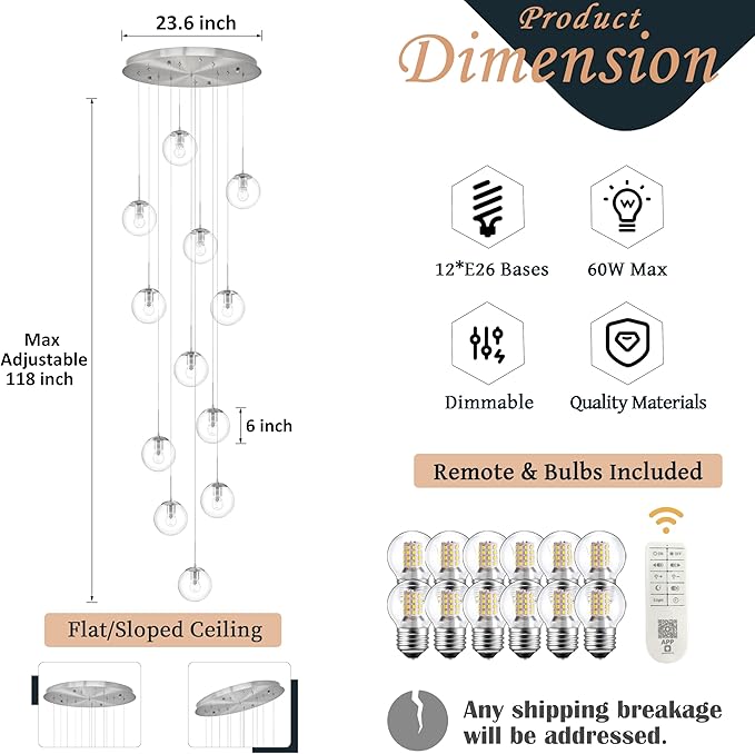 KoKo&Yukina 12-Light Nickel Mid Century Modern Chandelier for Living Room Staircase Chandelier for Entryway Clear Globe Glass Chandelier High Ceiling Chandeliers Foyer Entryway (Bulb & Remote Incl.)