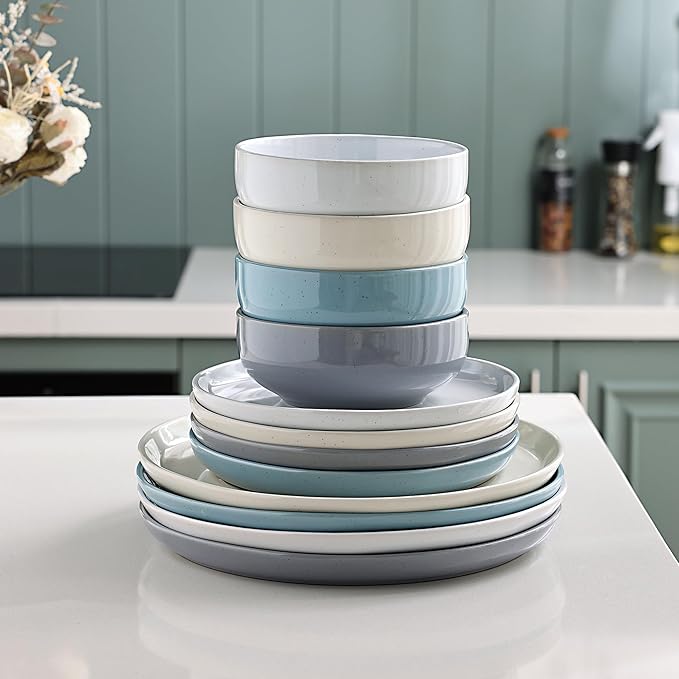 GBHOME Ceramic Dinnerware Set for 4, 12pcs Stoneware Plates and Bowls Sets, Handmade Chip and Scratch Resistant Dishes Set, Dishwasher & Microwave Safe