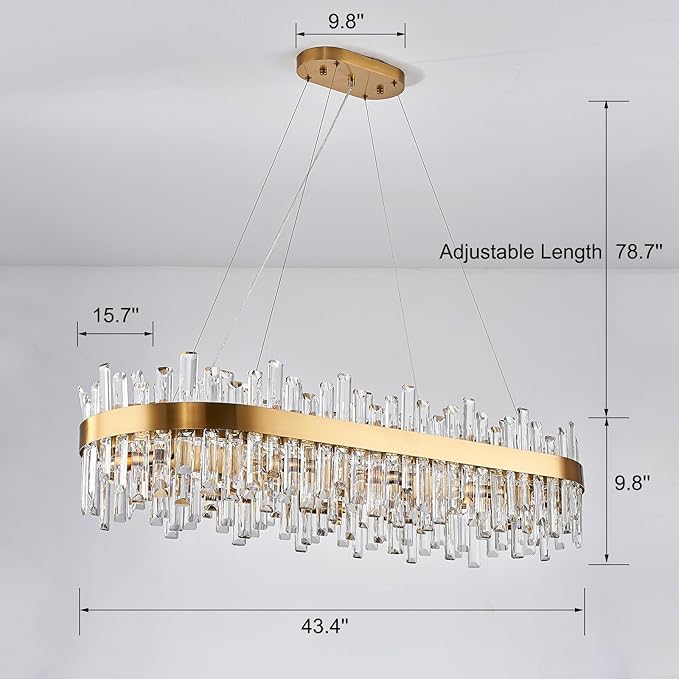 Rectangle Crystal Chandeliers, L43.4 inch 20-Light Brass Gold Chandelier Lighting Fixture, Height Adjustable Oval Pendant Ceiling Light for Dining Room Over Table Kitchen Island