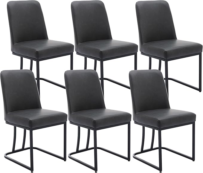 VESCASA Faux Leather Upholstered Dining Chairs with Back, Mid Century Modern Chairs with Black Metal Frame for Dining Room, Restaurant, Kitchen, Set of 6, Charcoal