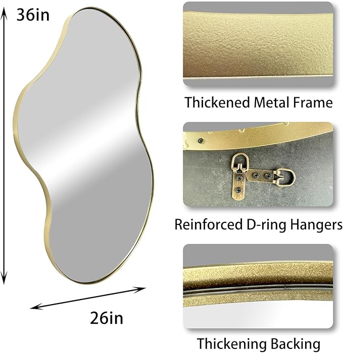 Gold Irregular Mirror, 36"x26" Asymmetrical Wall Mirrors with Metal Frame, Waved Shaped Decorative Mirrors for Living Room Bathroom Bedroom Hallway Entryway Fireplace