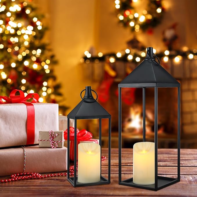 17" 13" Modern Farmhouse Candle Lantern Decor Set of 2 Black Metal Candle Lanterns with Flameless Candles, Lanterns Decorative Indoor for Fireplace Mantle Table Outdoor Lanterns for Patio Porch Garden