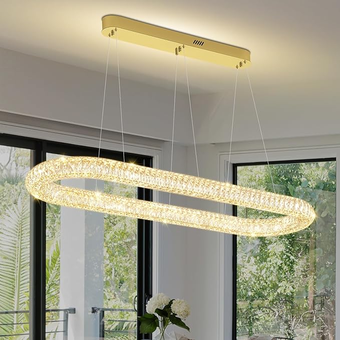 Oval Crystal Chandelier, 47.2'' Gold Crystal Ring Pendant Light for Kitchen Island Modern Linear Oval Chandeliers for Dining Room Dimmable 3000K-6000K