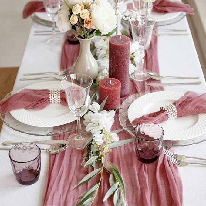 8 Pack 10ft Dusty Rose Cheese Cloth Table Runner 35x120 Inches Boho Gauze Rustic Wedding Cheesecloth Table Runners, Long Romantic Sheer Table Runner for Wedding Bridal Baby Shower Party Decor