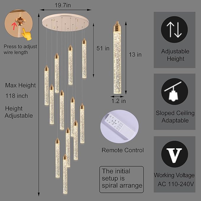 12-Lights High Ceiling Crystal Staircase Chandelier Gold, Modern Spiral Raindrop Dimmable LED Bubble Cluster Ceiling Hanging Lighting Fixture for Foyer Living Room Entrance Remote Control