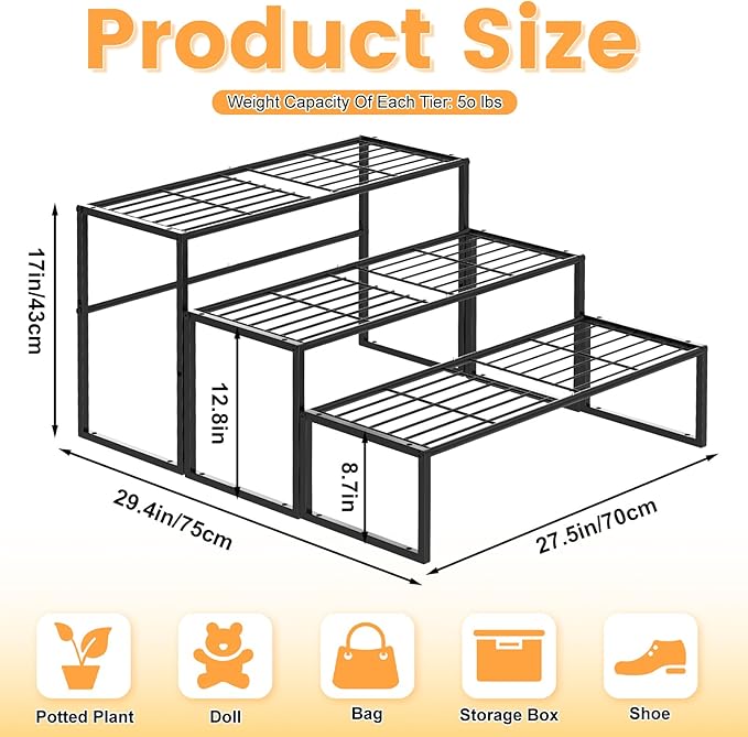 3 Tier Metal Plant Stand Indoor Outdoor, Potted Multiple Flower Pot Holder Rack Plant Shelf, Heavy Duty Planter Display Shelving for Patio Balcony Garden Living Room Decorative (3 Tier- Black)