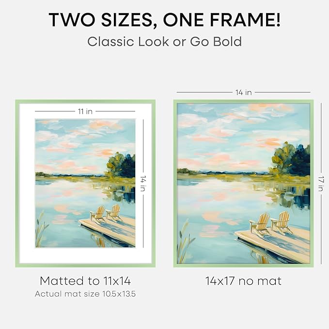 Homeforia 14x17 Picture Frame Sage Green, High End Metal 14x17 Poster Frames with Mat 11x14 inch Photo, 14 x 17 Sage Green Frame Matted to 11 by 14 Art, 17x14 Frame, Tempered Glass, Wall Kit, Set of 1