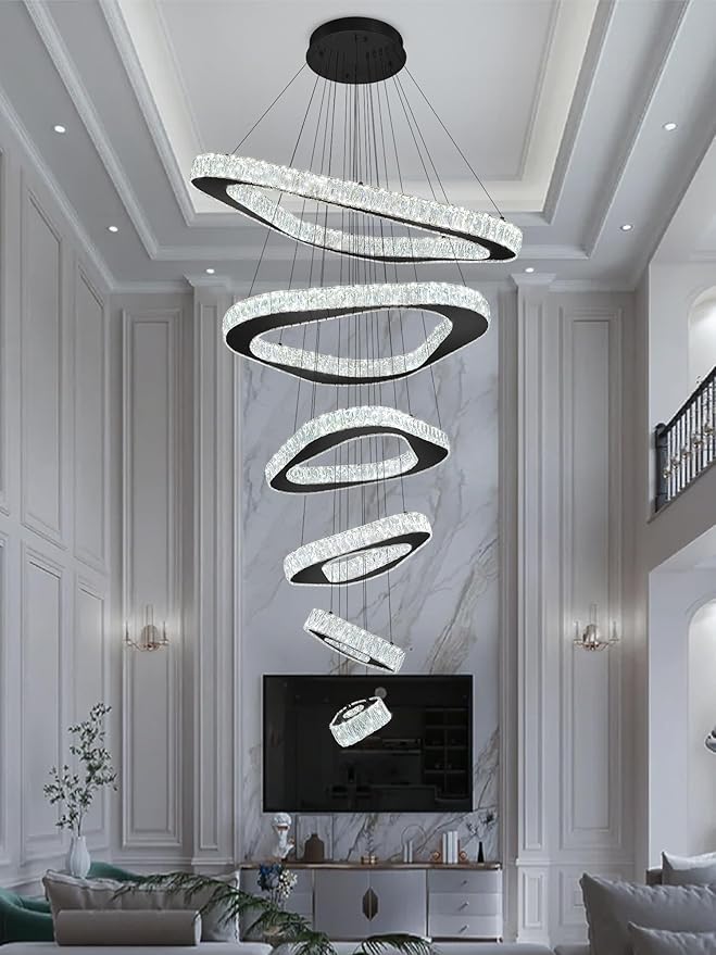Modern Crystal Chandeliers for High Ceiling 6 Ring Chandelier LED Black Ceiling Lights Fixtures High Ceiling Chandelier for Foyer Staircase Living Room Dining Room 2700K-6000K