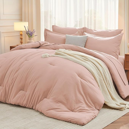 MUXHOMO 7 Pieces Full Comforter Set, Soft Bed in a Bag Full Size, All Season Bedding Set with Comforter, Flat Sheet, Fitted Sheet, Pillowcases & Shams, Rose Gold