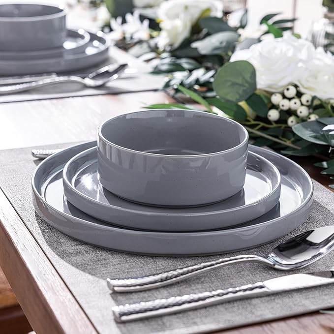 Dinnerware Set for 4, 12 Piece Speckled Plates and Bowls Set with Glazed Bottom, Chip & Scratch Resistant Stoneware Plates Sets, Dishwasher & Microwave Safe Dishes (Limestone, Service for 8)