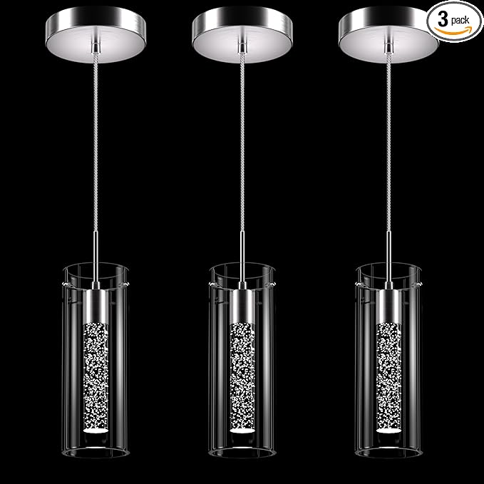 Pendant Ceiling Light Fixture, LED Kitchen Lighting Crystal Pendant Lights Kitchen Island, 1-Light Integrated Kitchen Hanging Light Fixture Modern Island Light with Bubble Glass Three Pack