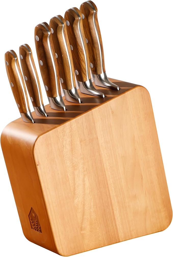 Bloomhouse 7 Piece Italian Olive Wood Kitchen Knife Block Set w/German Forged Stainless Steel Knives