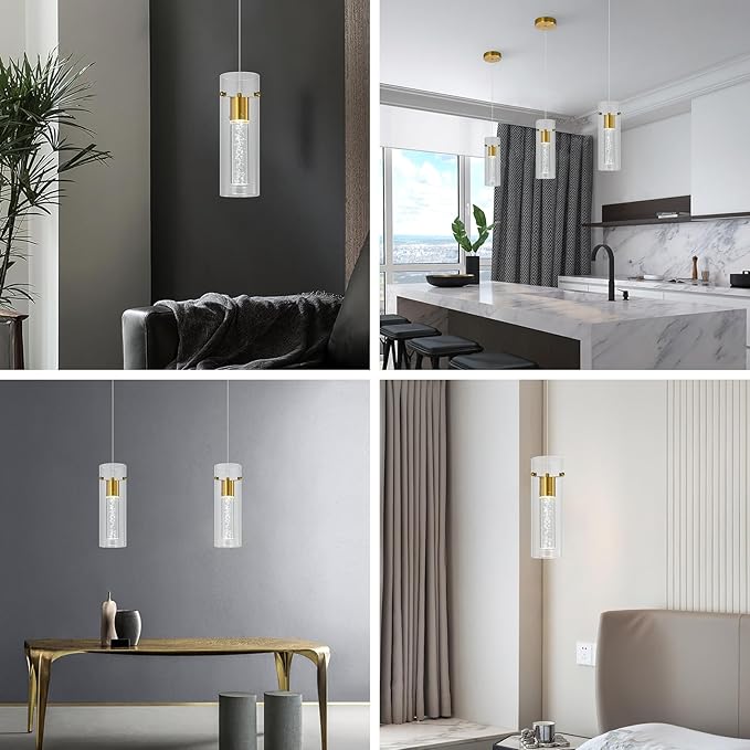 Pendant Ceiling Light Fixture for Kitchen Island, Gold Pendant Light Integrated LED Hanging Light with Crystal Bubble Glass Pendant Light Modern Pendant Lights Kitchen Island (1-Pack)