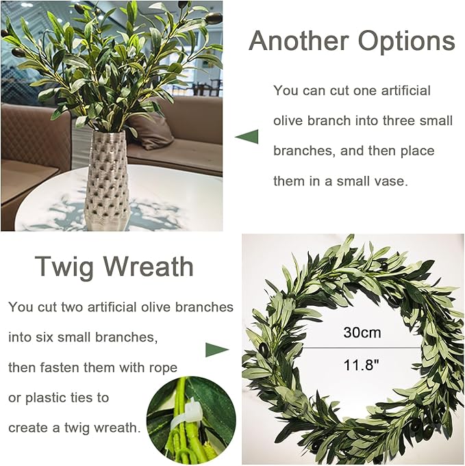 39 Inch Artificial Olive Branch Greenery Stems Fake Plants with 222 Leaves for Vase Faux Olive Branches Home Decor Indoor 2PCS