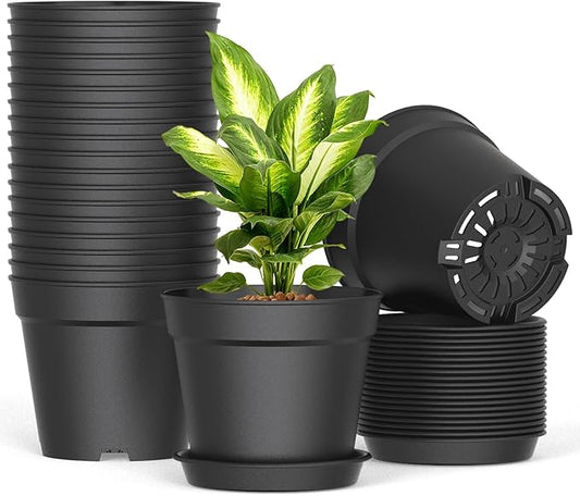20 Pack 6 Inch Plant Pots with Drainage and Saucers, Black Plastic Flower Pots for Indoor and Outdoor Plants, Stackable Nursery Planters for Houseplants and Herbs, Black