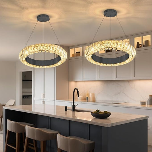 16" Ring Modern LED Dimmable Crystal Chandelier Adjustable Height Pendant Light Round Crystal Chandelier Light Fixtures for Dining Room Living Room Kitchen Island Black