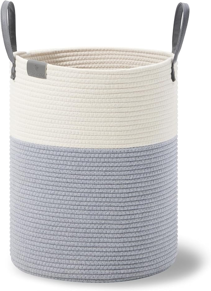 VIPOSCO Tall Laundry Basket, Large Dirty Clothes Hamper with Leather Handle, Woven Rope Storage Basket for Blanket, Toy In Living Room, Bathroom, Bedroom - 53L Grey & White