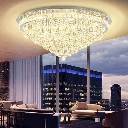 Dia 40" Modern Crystal Chandelier,Large Chandelier for Living Room Silver Flush Mount Chandeliers Crystal Ceiling Light for Dining Living Room Bedroom