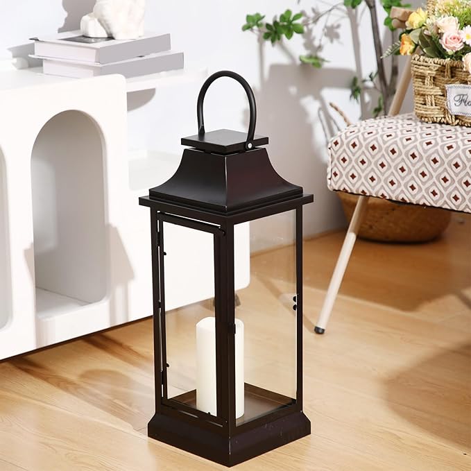 Nuogo 25 Inch Large Metal Lanterns with Glass Panels Black Hanging Vintage for Table Porch Home Party Decor Gift Indoor Outdoor, Candle Not Includes