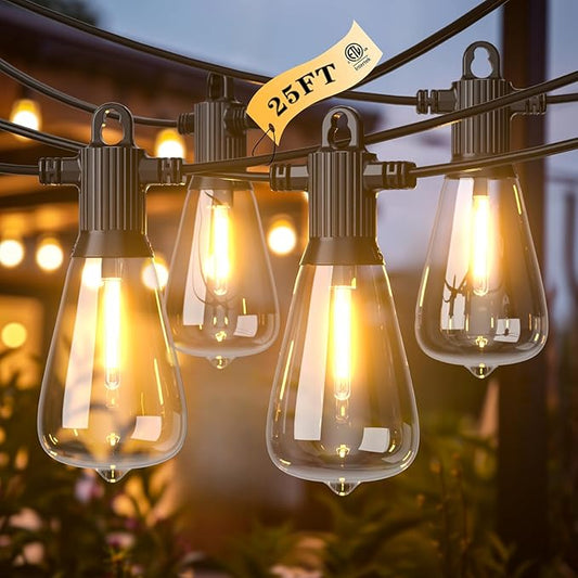 Kawaya Outdoor Patio String Lights: 25 FT LED Outside Patio Light with 12 Shatterproof Vintage Bulbs - 2700K Dimmable IP65 Waterproof Edison Outdoor Lighting for Porch Deck Bistro Cafe Party