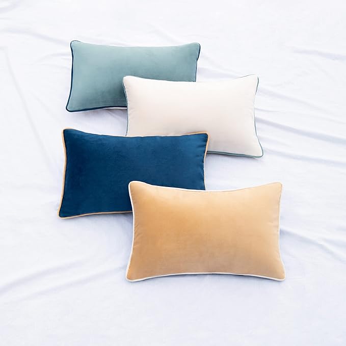 MONDAY MOOSE Decorative Throw Pillow Covers Cushion Cases, Set of 4 Soft Velvet Modern Double-Sided Designs, Mix and Match for Home Decor, Pillow Inserts Not Included (12x20 inch, Blue/Beige)