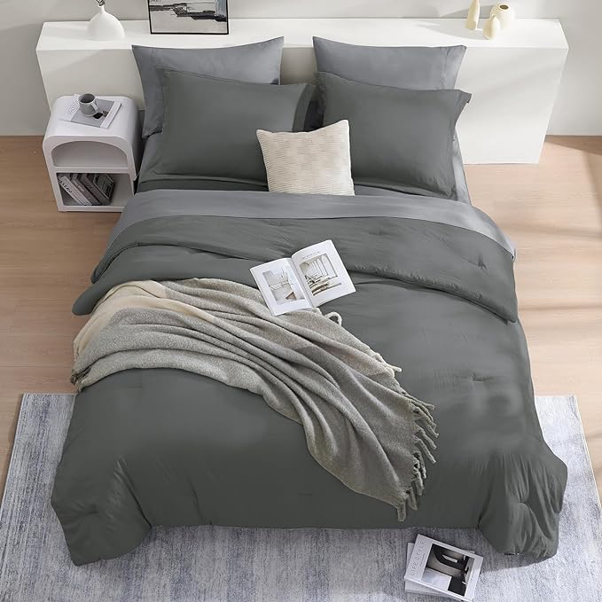 WRENSONGE Queen Comforter Set- 7 Pieces Soft Grey Bed in a Bag with Fitted Sheet, Flat Sheet, 2 Pillow Shams, and 2 Pillowcases- Warm Bedding Sets Queen for All Season