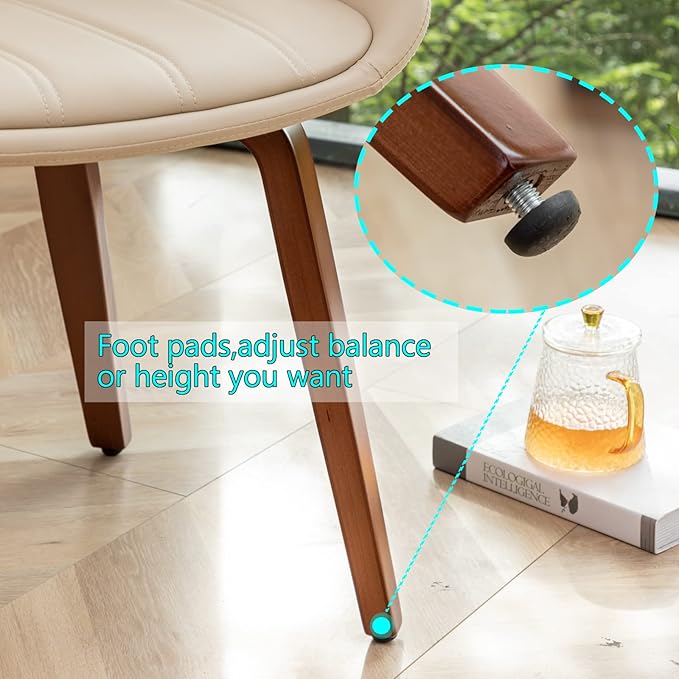 Mid Century Modern Beige Faux Leather Upholstered Dining Chairs Set of 2,Armless Accent Chairs with Sturdy Natural Wood Legs,Bamboo Backrest Support for Kitchen&Dining Room Chairs