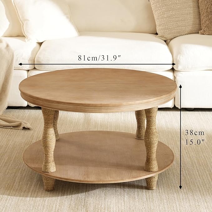 Round Coffee Table,2-Tier Coffee Table Storage,Rope-Wrapped Wood Legs,Rustic Farmhouse Accent Table for Living Room,Natural Wood Finish,Honey Brown,31.9"x15"