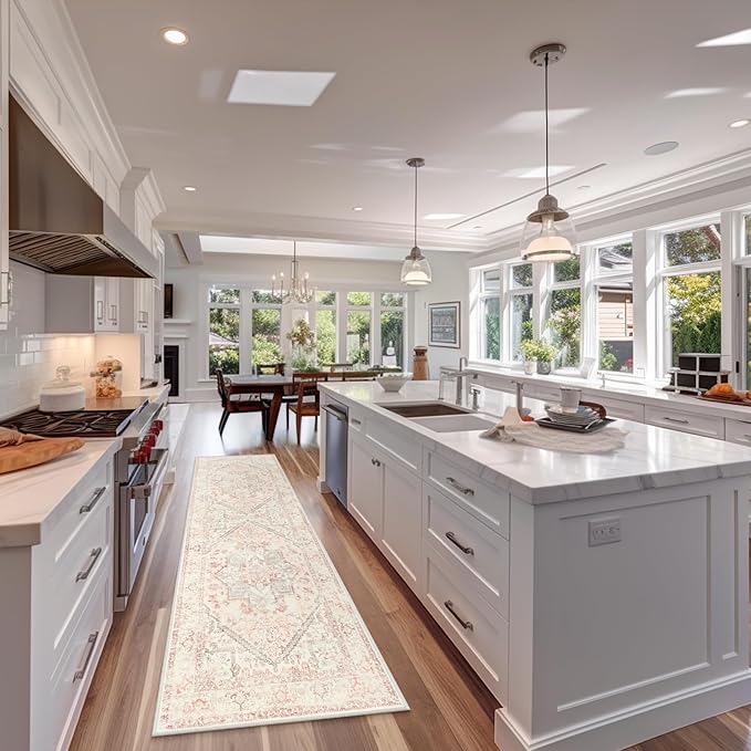 LIVEBOX Washable Oriental Runner Rug 2.5x8 - Long Vintage Tribal Pink for Kitchen Boho Non-Slip Hallway, Low-Pile Accent Throw Area Rug for Laundry Room