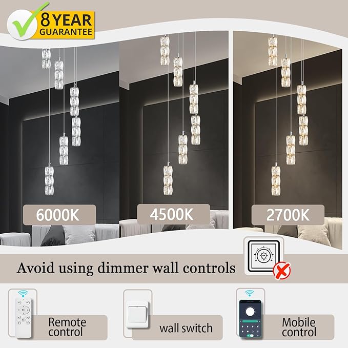 H78 Pendant Lights Kitchen Island 6-Lights Pendant Chandelier for Dining Room Hallway Stairwell,LED Dimmable 2700K-6000K (Silver Chandelier)