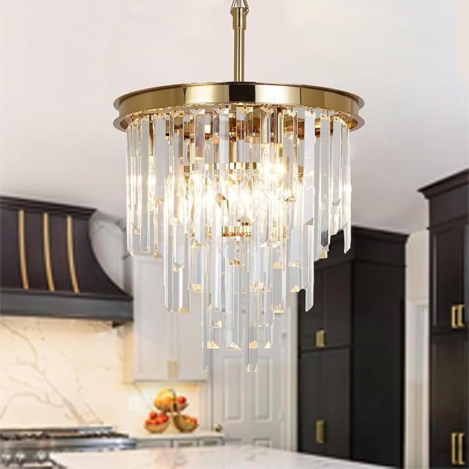 13.8'' Modern Crystal Chandelier, Gold Round Ceiling Light with Clear Prisms, Luxury Flush Mount Lighting Fixture for Dining Room Bedroom Foyer