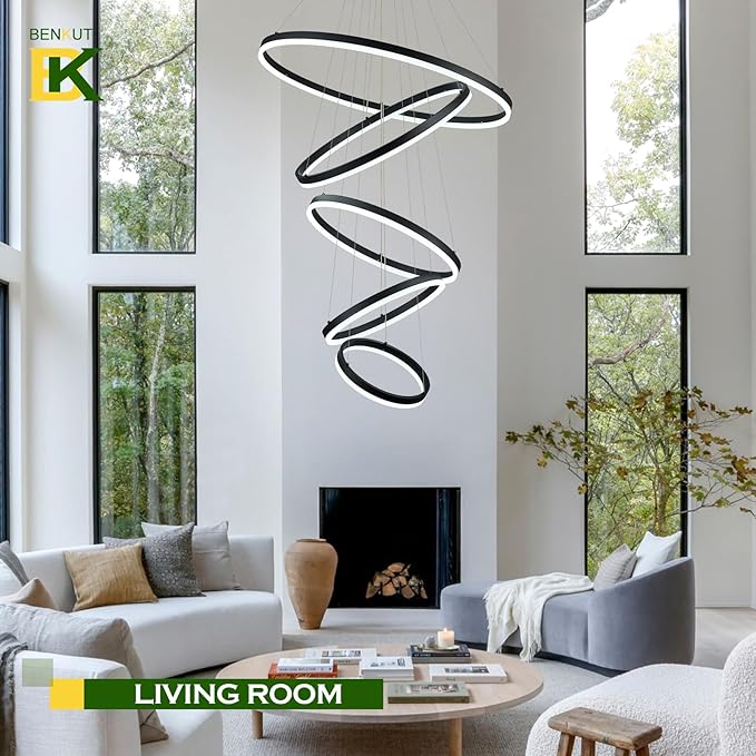 5 Rings D31.5 Modern LED Chandelier Black Large Dimmable Circular High Ceiling Chandeliers with Remote Control for Foyer Dining Room Living Room Staircase Villa, 3000K-6500K CCT