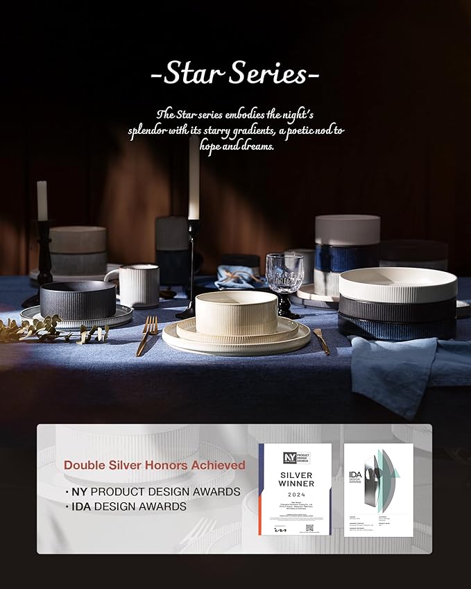 Famiware Star Dinnerware Set, Plates and Bowls Sets for 8 (24pcs), Ribbed Stoneware Dishes - Chip & Scratch Resistant, Microwave & Dishwasher Safe, Deep Forest
