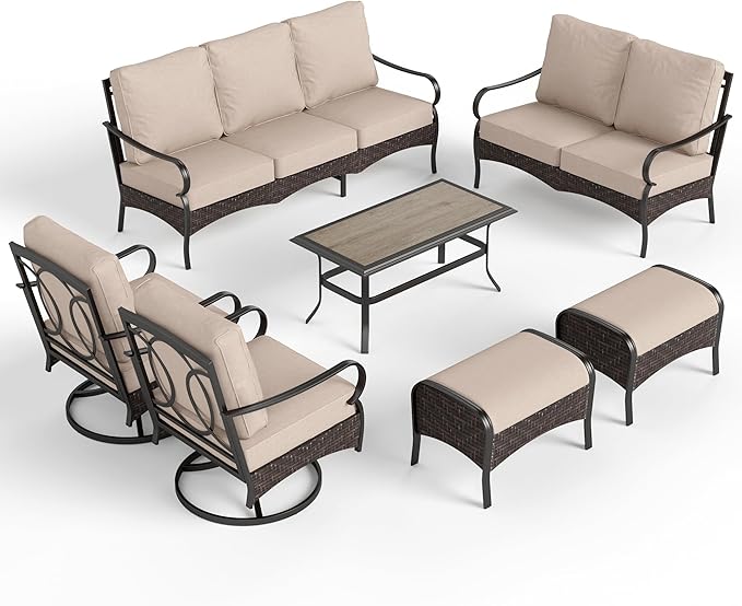 PHI VILLA Extra Large Outdoor Modern Patio Furniture Set, Upgraded Wicker&Metal Patio Furniture Conversation Set with Waterproof Thick Cushions for Porch, Poolside, Deck, and Yard(7 Pieces,Beige)