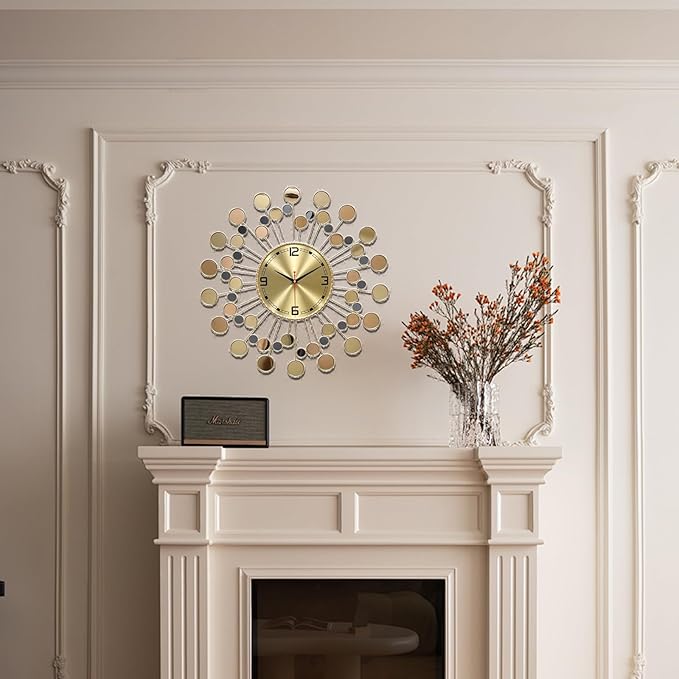 Wall Clock 22.83 Inch Gold - Large Sunburst Clock Non-Ticking Battery Operated, Starburst Round Wall Watch with Shell Disc Decoration for Living Room Bedroom Kitchen Office Home Decor