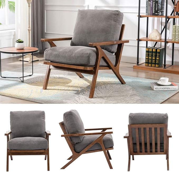 HNY Mid Century Arm Chair, Upholstered Accent Armchair with Wood Frame and Canvas Cushions, Leisure Reading Chair Slipper Chair for Living Room, Bedroom, Gray