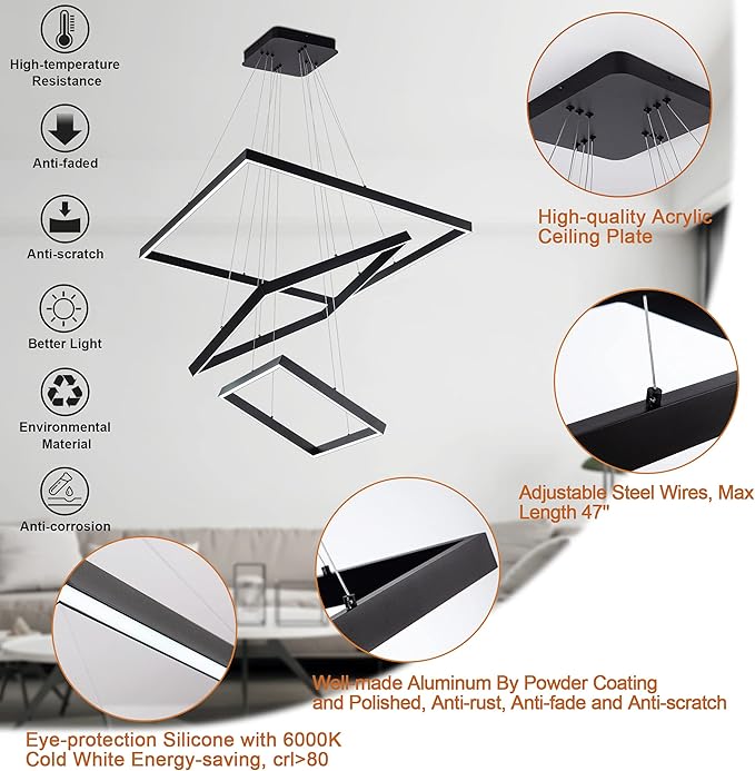 Led Chandelier 3 Rings Square Modern Led Pendant Lighting Dimmable Ceiling Pendant Light for Dining Room Living Room Kitchen Bedroom 15.7"+19.6"+31.4" Black
