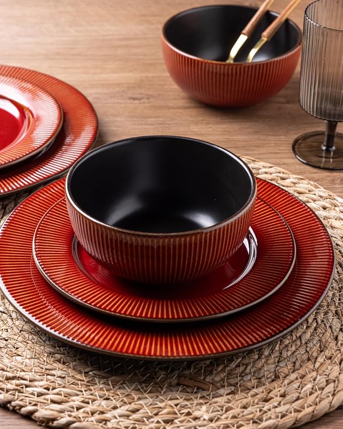 GBHOME Ceramic Dinnerware Sets,12 pcs Embossed Elegant Stoneware Plates and Bowls Sets, Housewarming Wedding Gift | Dishwasher & Microwave Safe | Dishes Set Service for 4