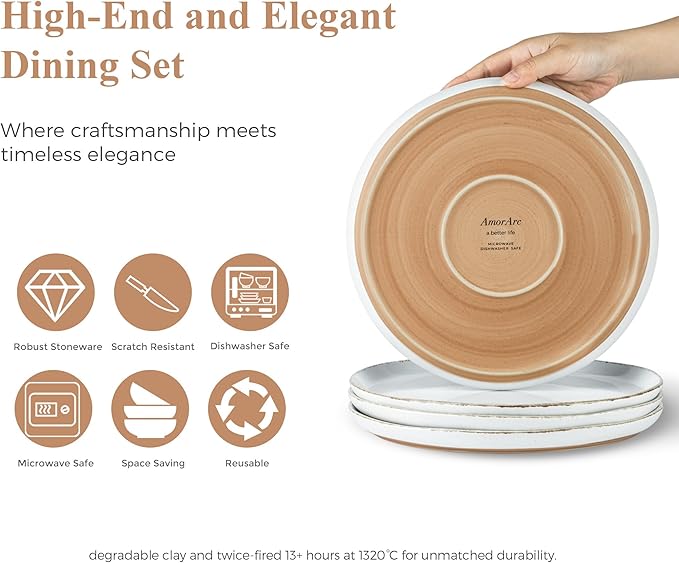 AmorArc Ceramic Dinnerware Sets for 4, 12 Pieces Handpainted Plates and Bowls Set with Rustic Terracotta Underside, Scratch Resistant Stoneware Dishes Set, Dishwasher & Microwave Safe, White