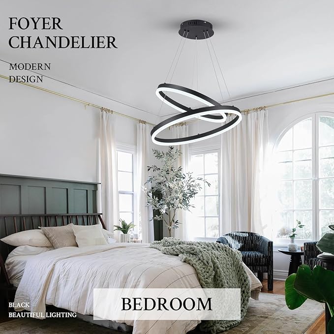 Modern LED Chandelier Black 2-Rings Pendant Light Circular Flush Mount Ceiling Chandelier Lighting with Remote Control for Bedroom Living Room Dining Room Entrance, 3000K-6500K