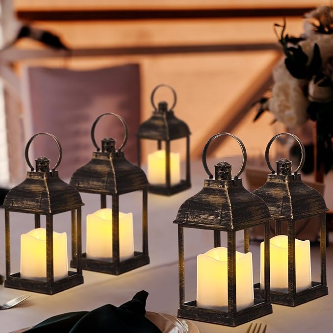 8 Pcs 10 Inch Dark Bronze Decorative Candle Lantern Bulk for Wedding Centerpieces Bronze Lanterns with LED Flameless Candle Indoor Outdoor Battery Powered Hanging Lights for Wedding Party