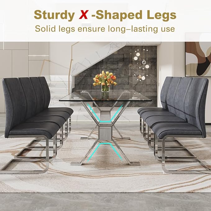 71'' Glass Dining Table Set for 8,9 Piece Dining Table Set with Tempered Glass Tabletop and Open‑Frame X‑Shaped Metal Base,Kitchen Table and Chairs Ideal for Dining Room&Home Office