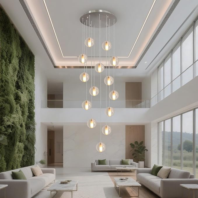 14 Lights Nickel Staircase Chandelier for High Ceiling, Dimmable Modern Crystal Raindrop Large Long Hanging Pendant Light for Stairwell Living Room Stair Foyer, Bulbs Included