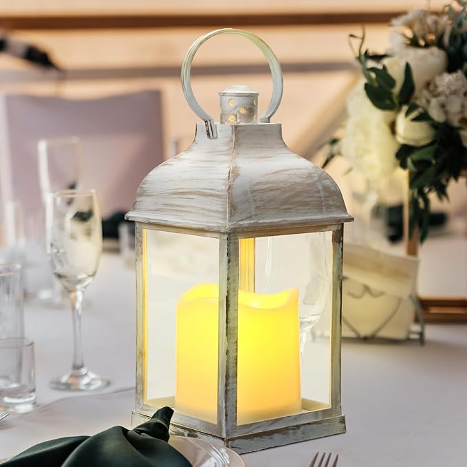 8 Pcs 10 inch White Decorative Candle Lantern Bulk for Wedding Centerpieces White Lanterns with LED Flameless Candle Indoor Outdoor Battery Powered Hanging Lights for Wedding Party