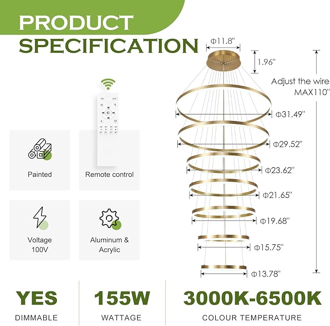 7 Rings Modern LED Chandelier Gold Dimmable Large Foyer Chandeliers Entryway High Ceiling for Staircase, High Ceiling Pendant Lights for Entryway Living Room, 3000K-6500K CCT