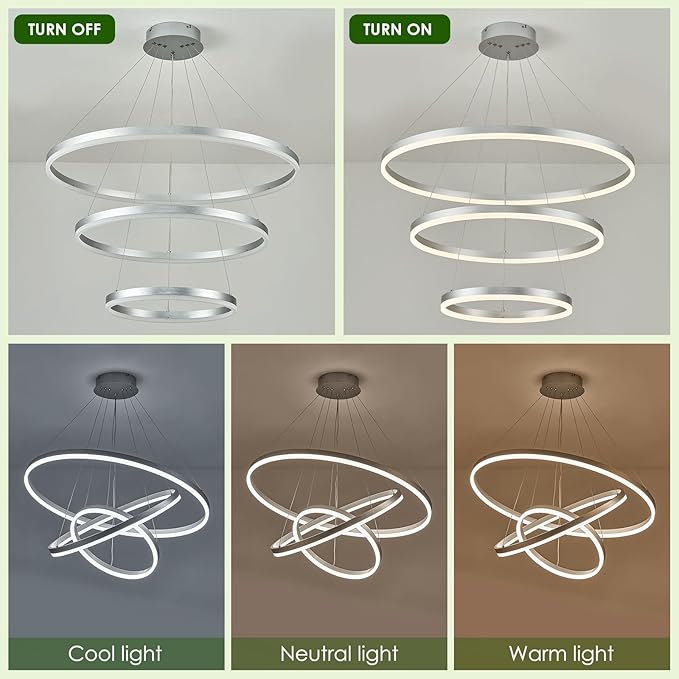 D31.5 3 Rings Modern LED Chandelier Silver Dimmable LED Pendant Light with Remote Control Circular Flush Mount High Ceiling Light for Dining Room Living Room Bedroom Foyer(3000K-6500K, H71)