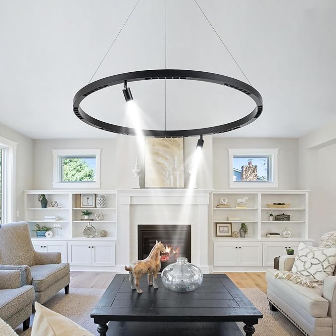 Modern LED Chandelier 1-Ring Circular 6000K 36W Dimmable Black Pendant Light with Adjustable Spotlights for Living Room, Dining Room, Kitchen, Bedroom, Foyer, Restaurant, Hotel, Bar